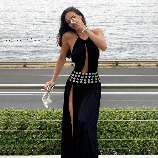 Kaelith Hollow-Out Halter Slit Maxi Dress