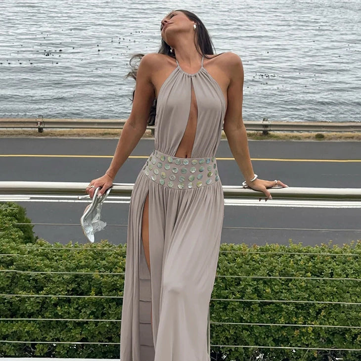 Kaelith Hollow-Out Halter Slit Maxi Dress