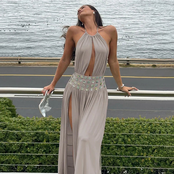 Kaelith Hollow-Out Halter Slit Maxi Dress