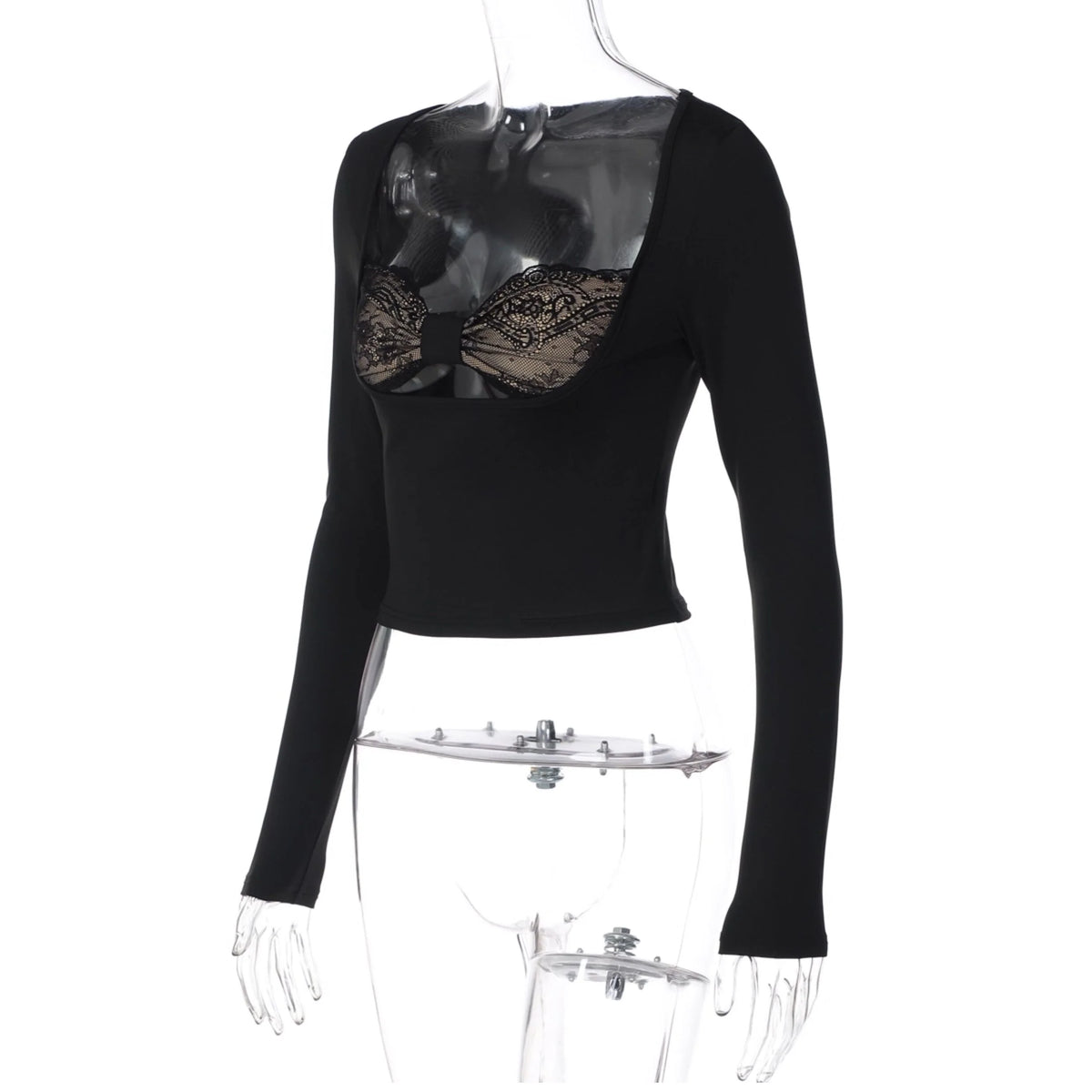 Lace Bow Hollow-Out Long-Sleeve Top