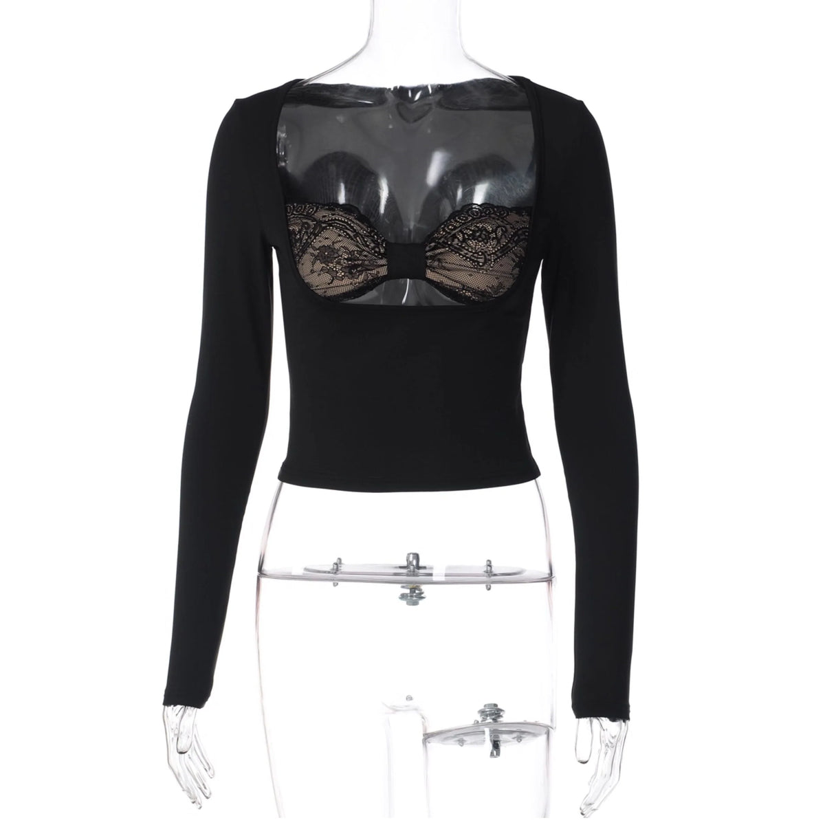 Lace Bow Hollow-Out Long-Sleeve Top