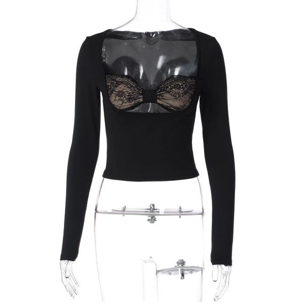 Lace Bow Hollow-Out Long-Sleeve Top