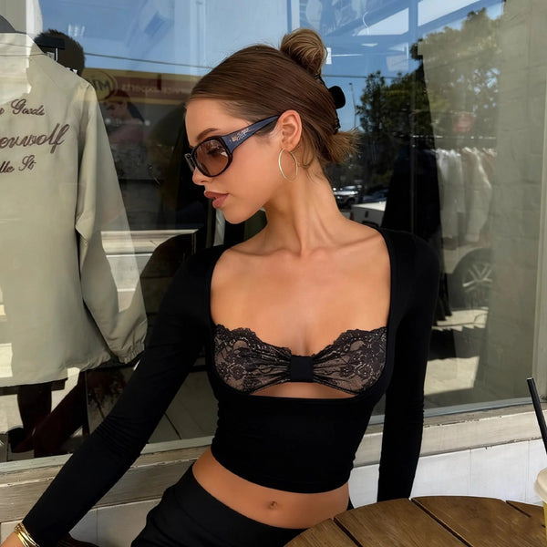 Lace Bow Hollow-Out Long-Sleeve Top