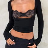 Lace Bow Hollow-Out Long-Sleeve Top [47SAY0SQ]