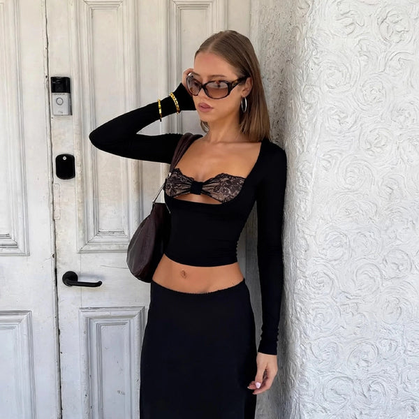 Lace Bow Hollow-Out Long-Sleeve Top