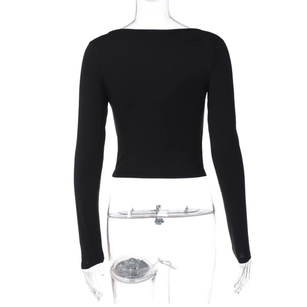 Lace Bow Hollow-Out Long-Sleeve Top