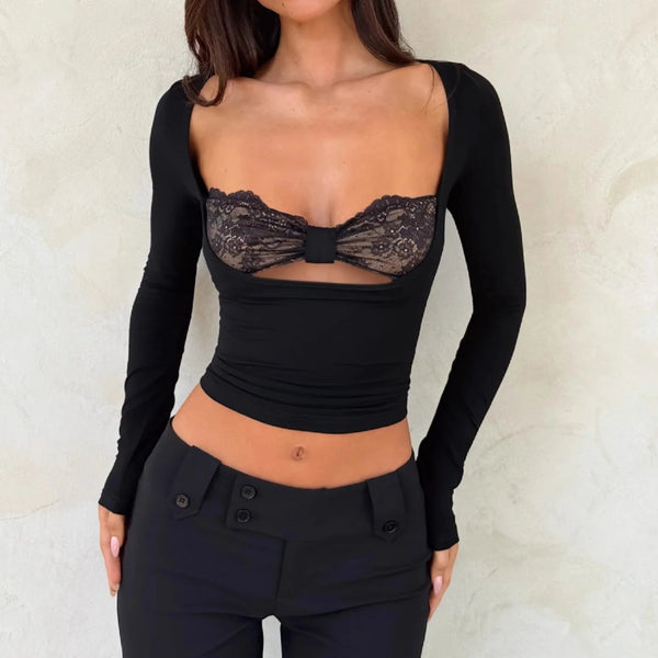 Lace Bow Hollow-Out Long-Sleeve Top