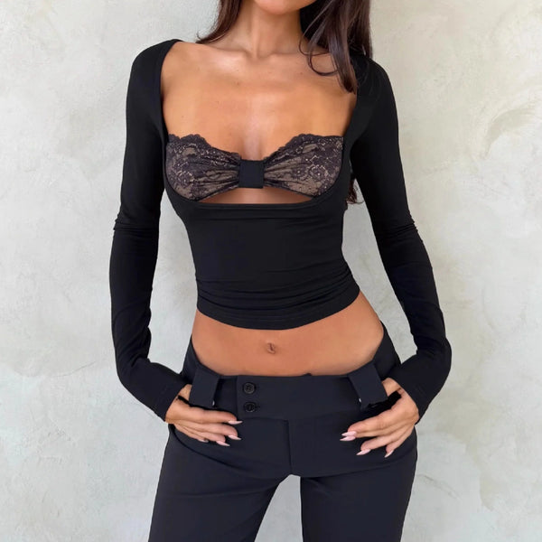 Lace Bow Hollow-Out Long-Sleeve Top