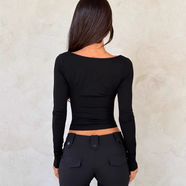 Lace Bow Hollow-Out Long-Sleeve Top