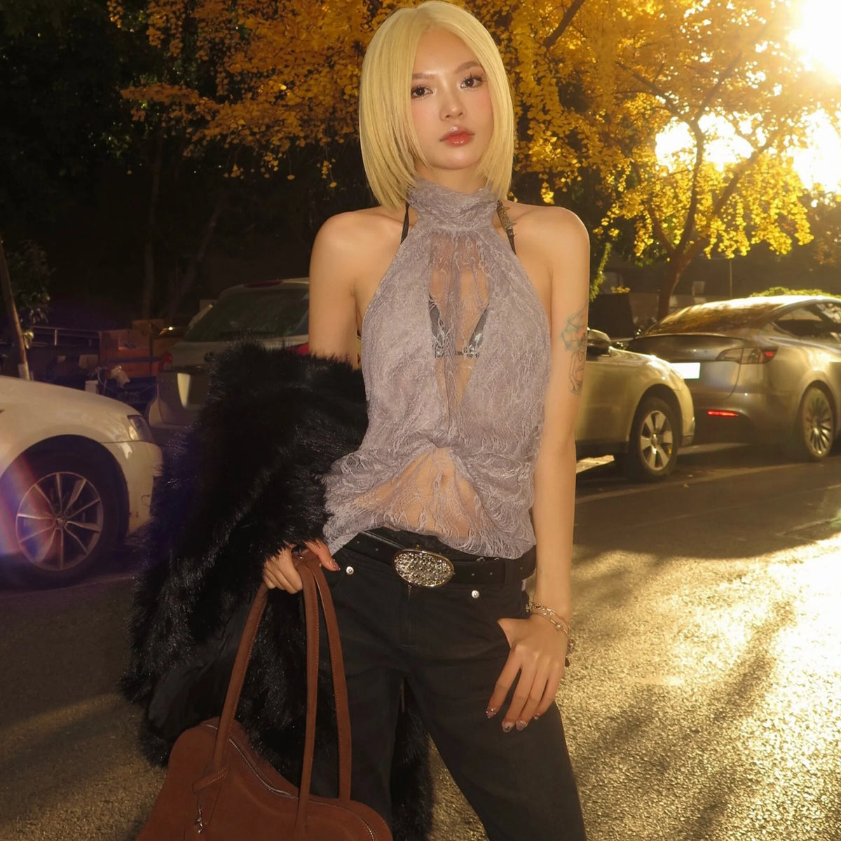 Lace Halter Neck Backless Top