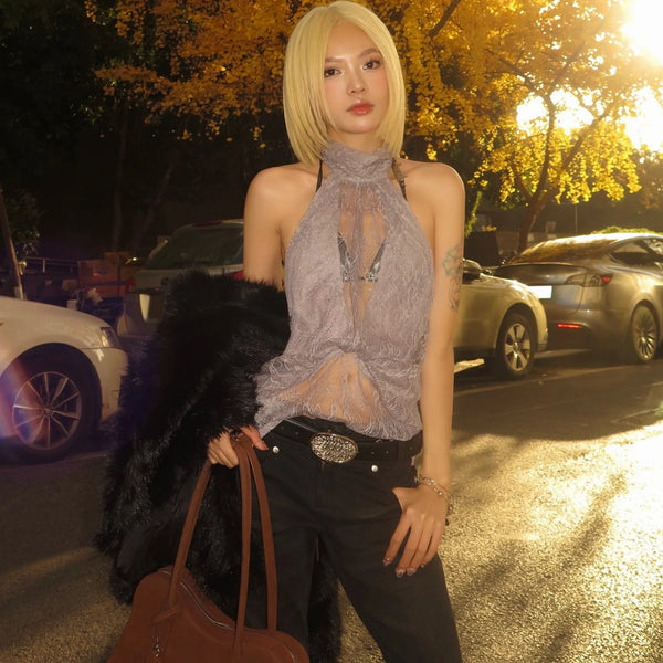 Lace Halter Neck Backless Top