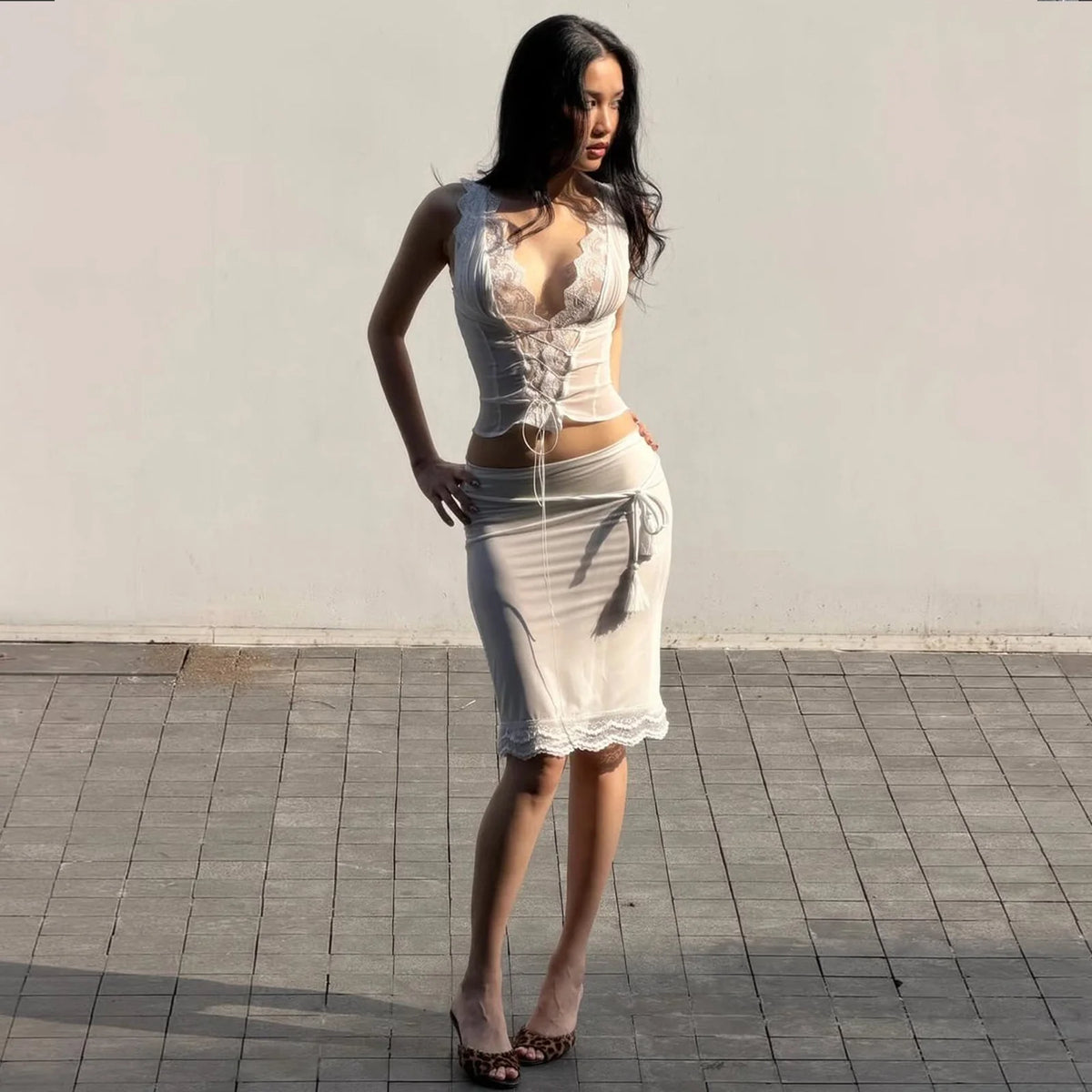 Lace Patchwork Two-Piece Skirt Set