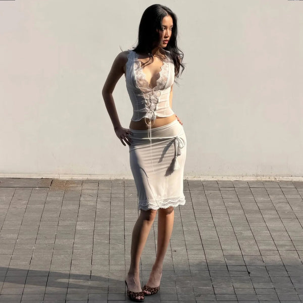 Lace Patchwork Two-Piece Skirt Set