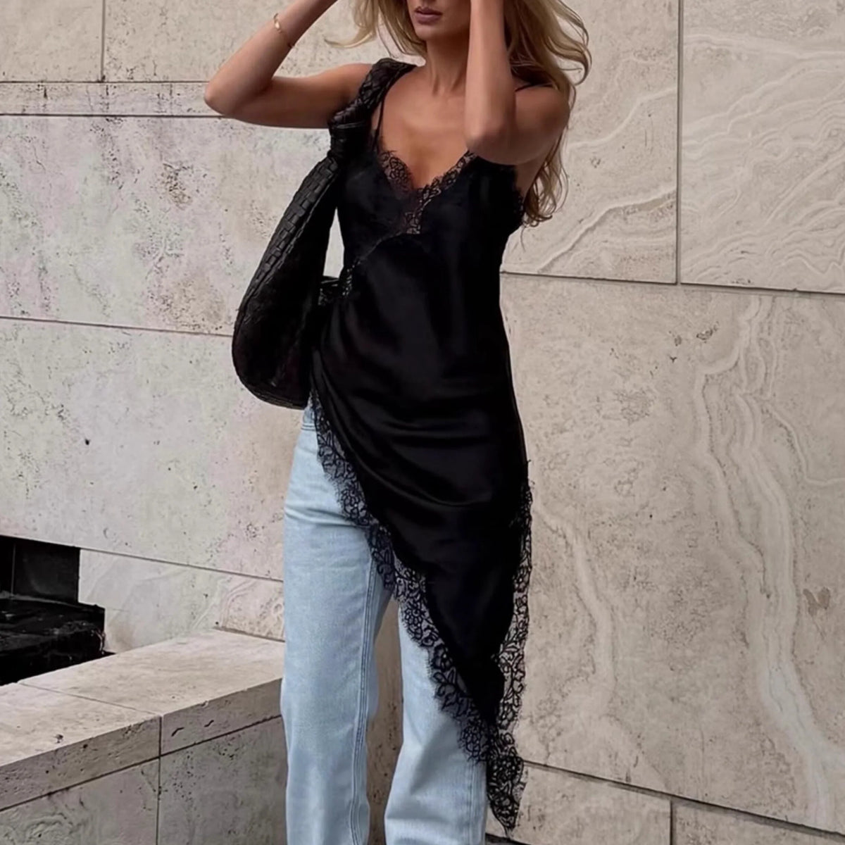 Lace Splicing Satin Irregular Camisole