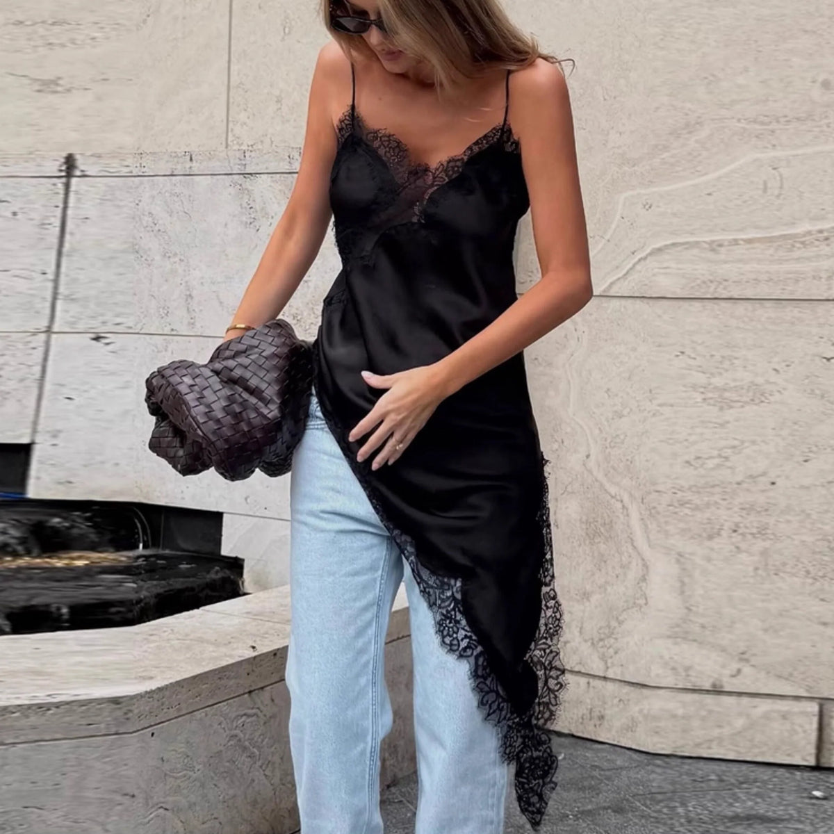 Lace Splicing Satin Irregular Camisole