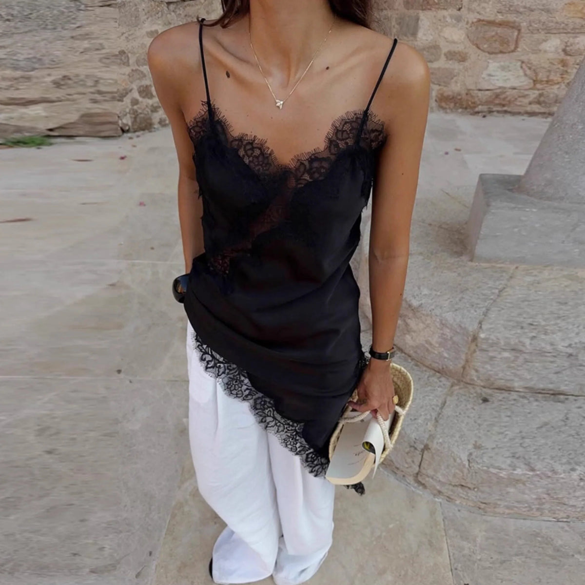 Lace Splicing Satin Irregular Camisole