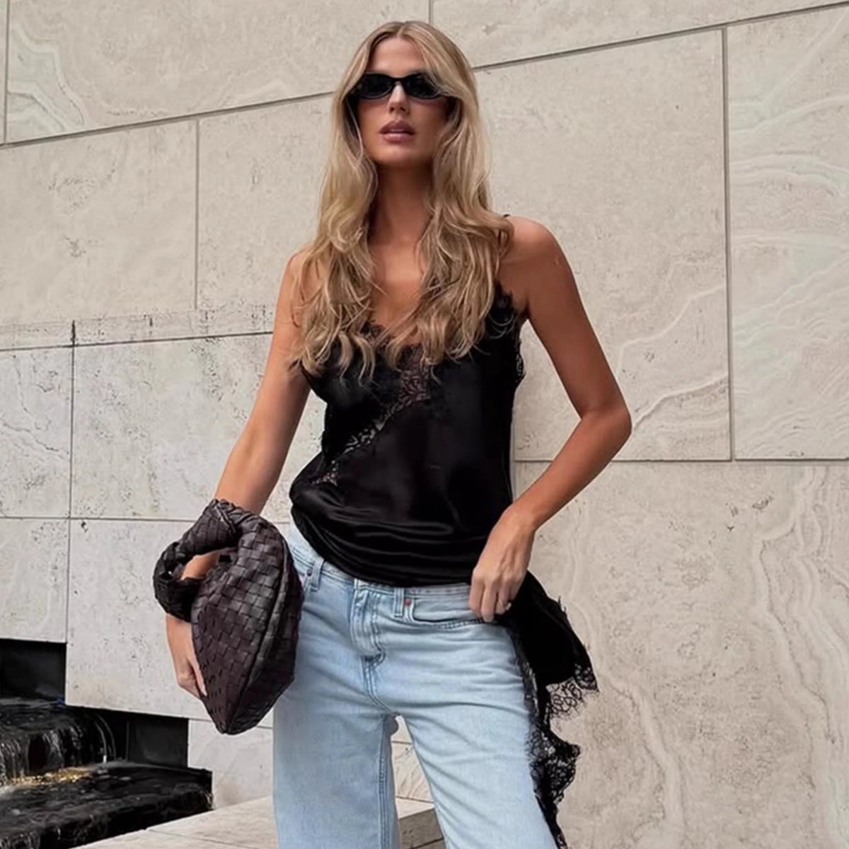 Lace Splicing Satin Irregular Camisole