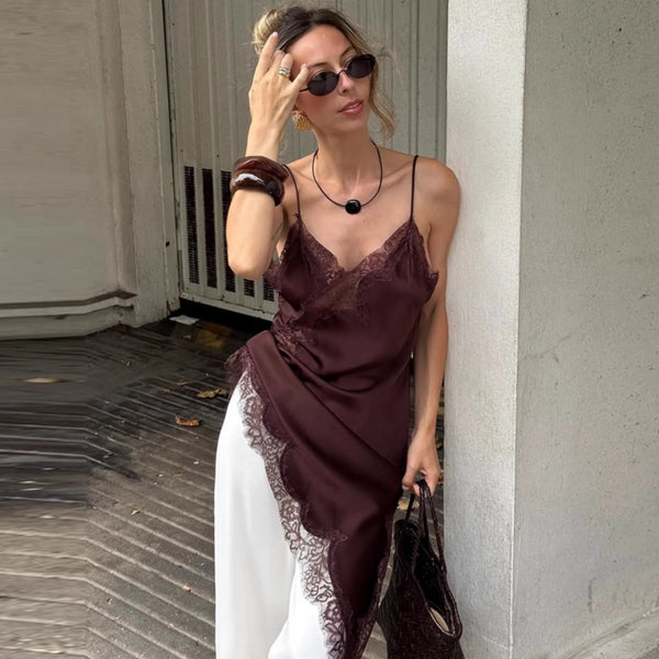 Lace Splicing Satin Irregular Camisole