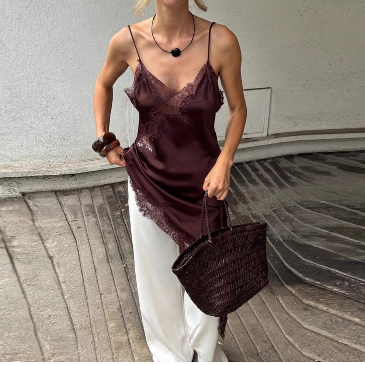 Lace Splicing Satin Irregular Camisole