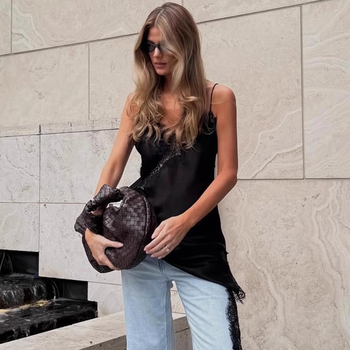 Lace Splicing Satin Irregular Camisole