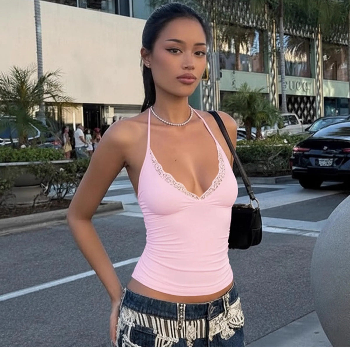 Lace Trim Halter Cami Top