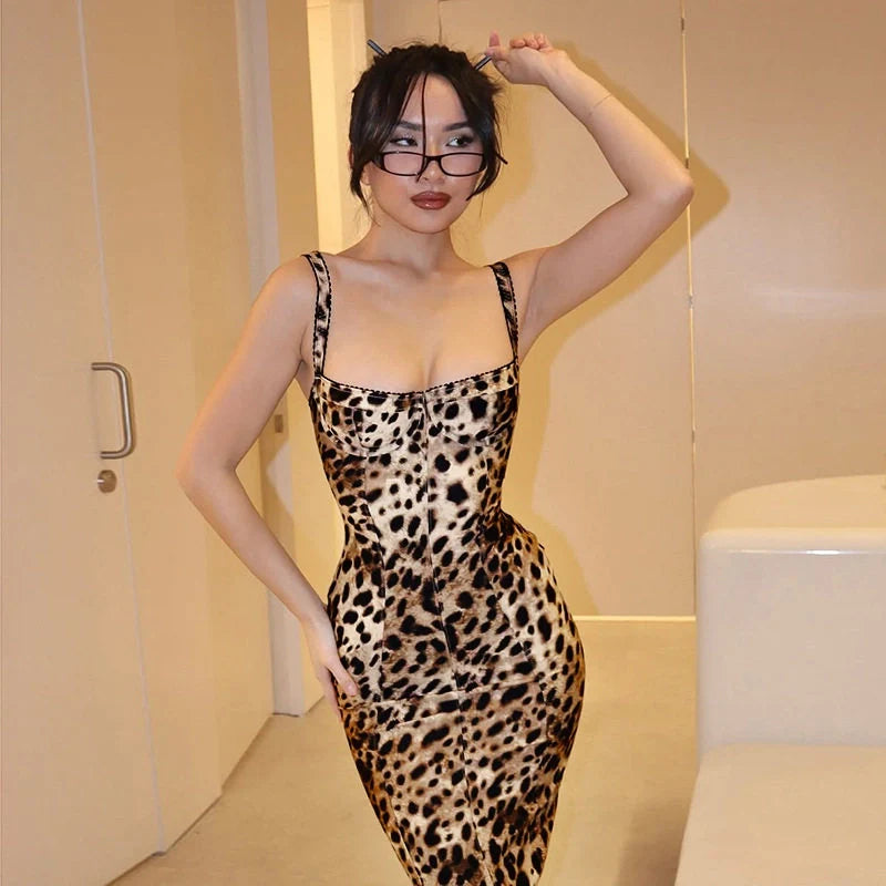 Alina Leopard Print Bodycon Midi Dress