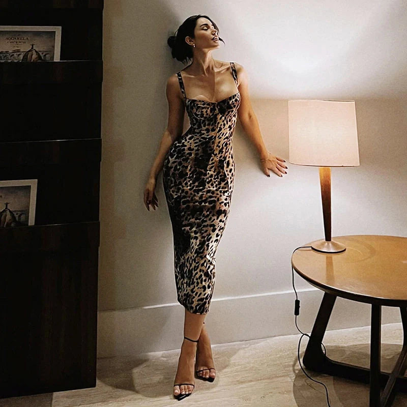Alina Leopard Print Bodycon Midi Dress
