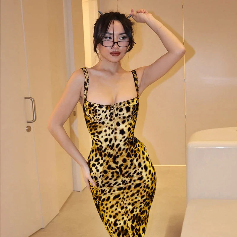 Alina Leopard Print Bodycon Midi Dress