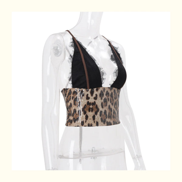 Leopard Print Lace Halter Top