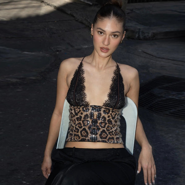 Leopard Print Lace Halter Top