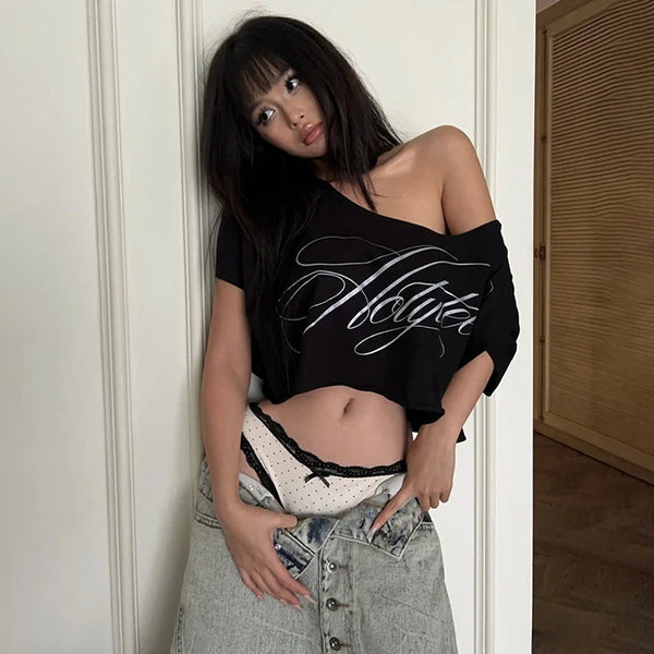 Nyra Letter Print One-Shoulder Crop Top