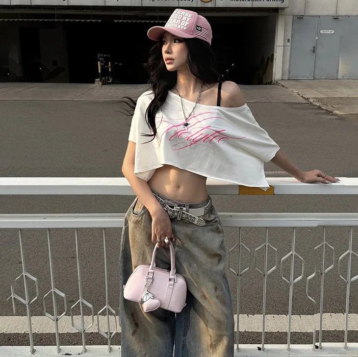 Nyra Letter Print One-Shoulder Crop Top