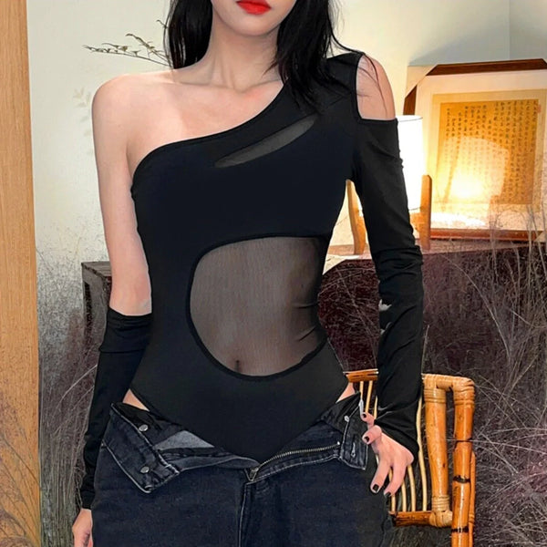 Mesh Patchwork One Shoulder Jumpsuit