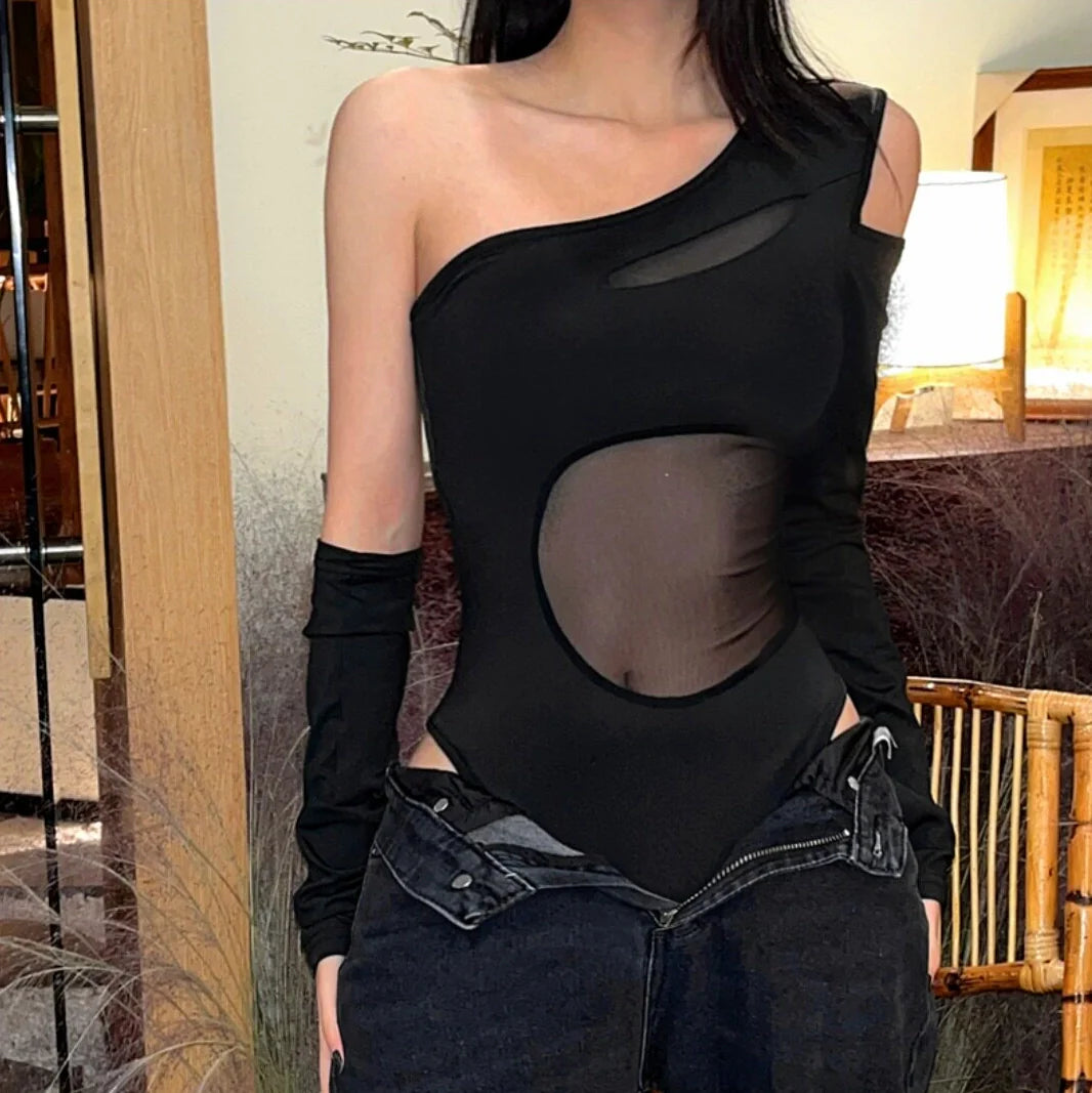 Mesh Patchwork One Shoulder Jumpsuit