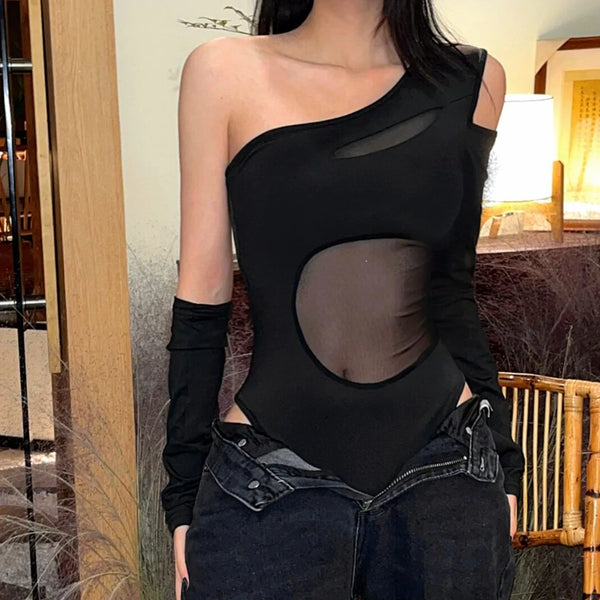 Mesh Patchwork One Shoulder Jumpsuit