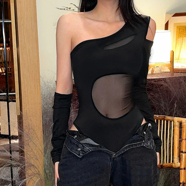 Mesh Patchwork One Shoulder Jumpsuit