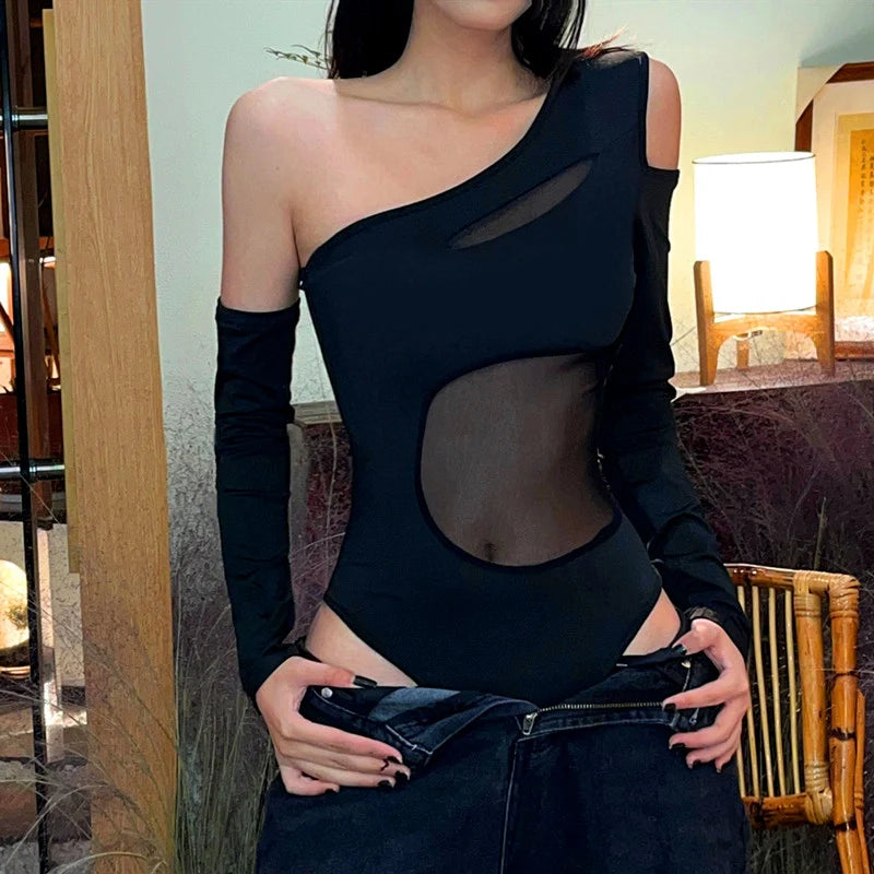 Mesh Patchwork One Shoulder Jumpsuit