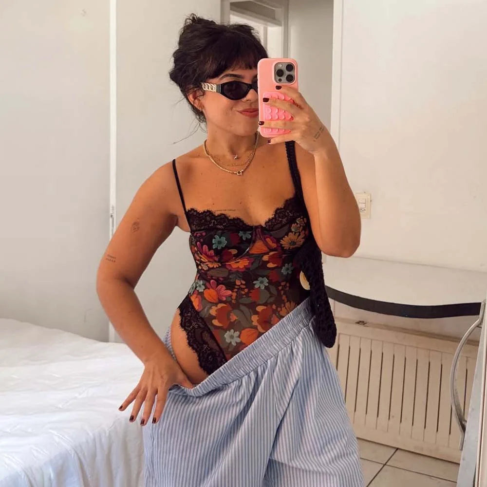 Mesh Printed Strapless Bodysuit
