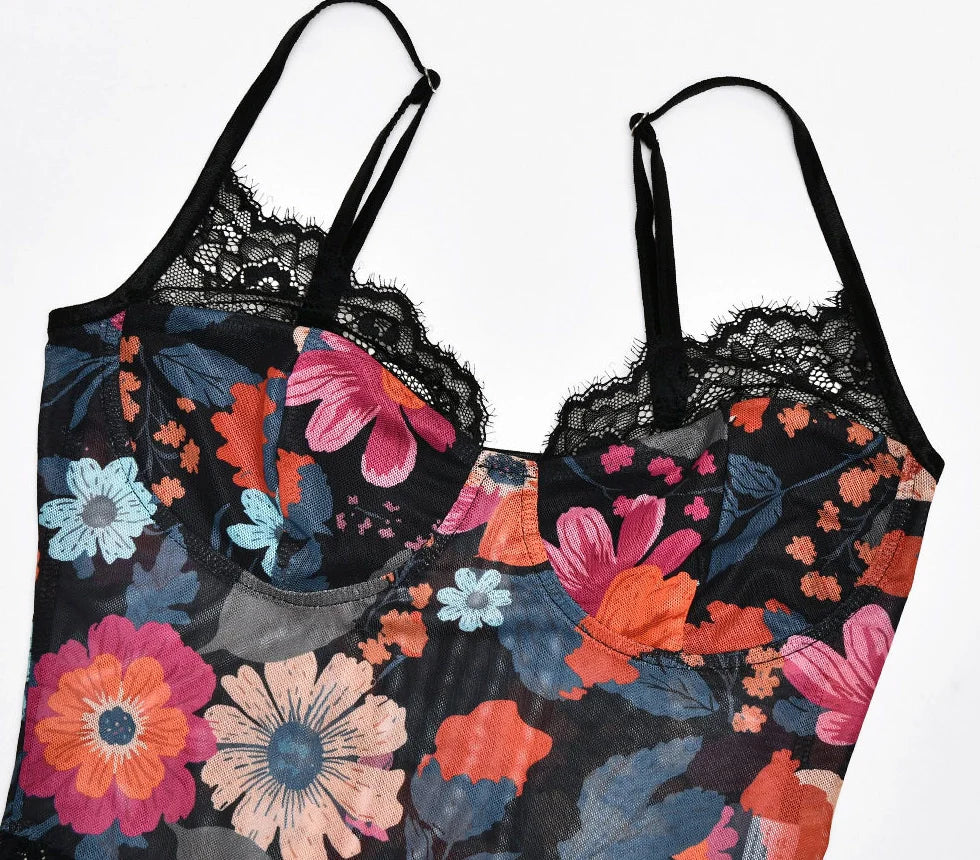 Mesh Printed Strapless Bodysuit