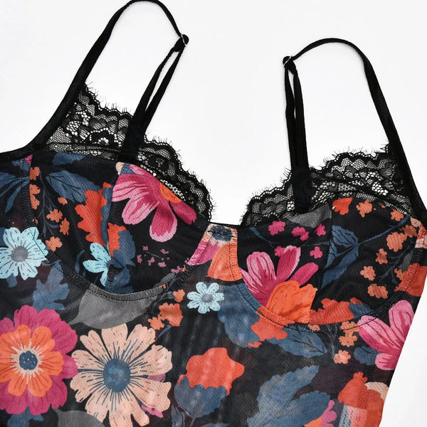 Mesh Printed Strapless Bodysuit