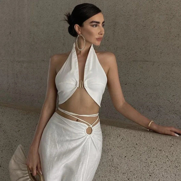 Metal-Decorated Halter Neck Crop Top