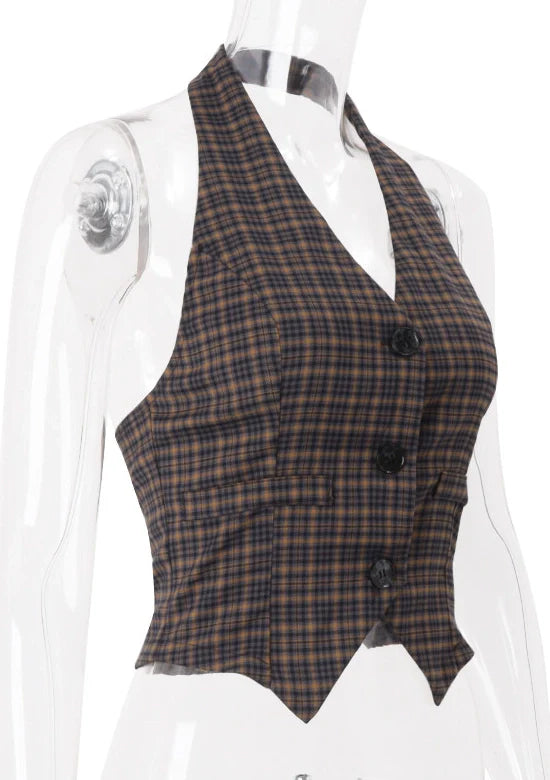 Plaid Button Halter Top