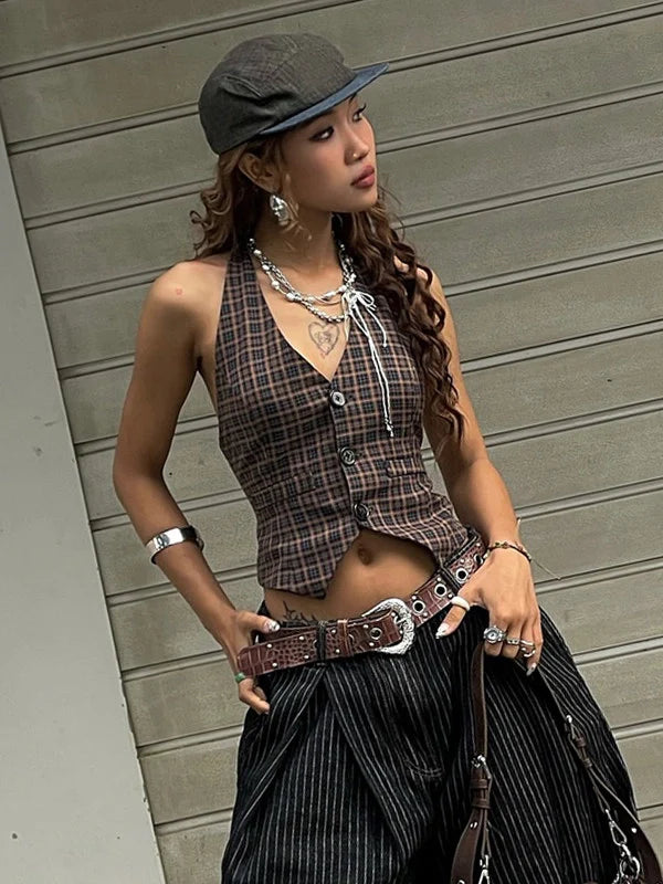Plaid Button Halter Top