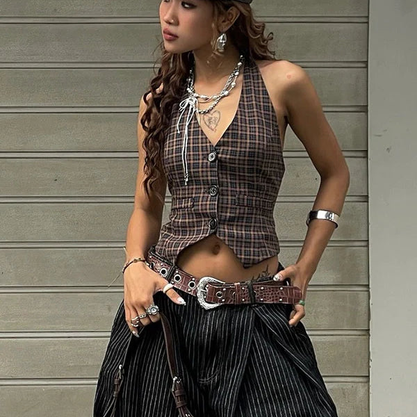Plaid Button Halter Top