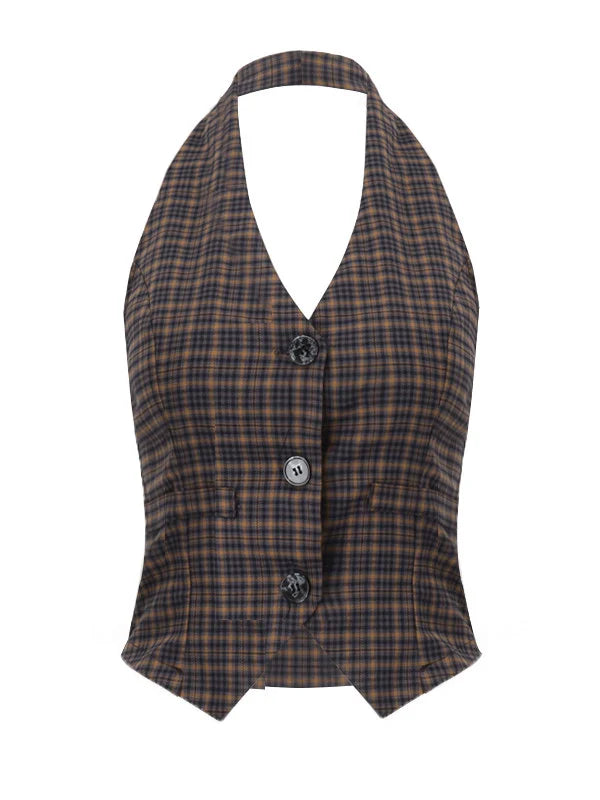 Plaid Button Halter Top