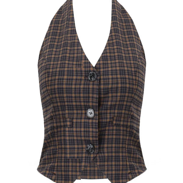 Plaid Button Halter Top
