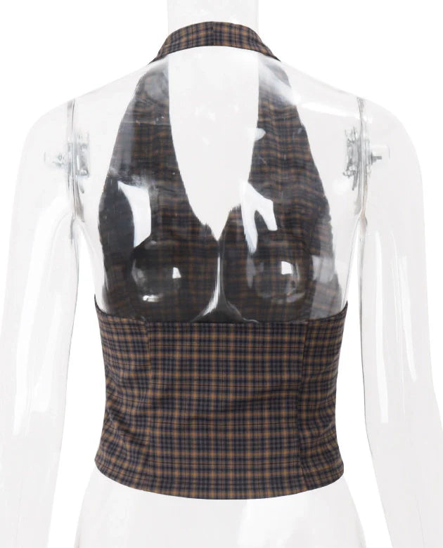 Plaid Button Halter Top