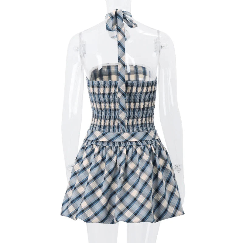 Plaid Floral Ruched Skirt Set