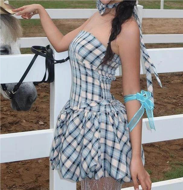 Plaid Floral Ruched Skirt Set