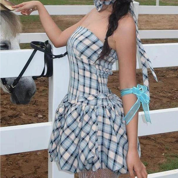 Plaid Floral Ruched Skirt Set